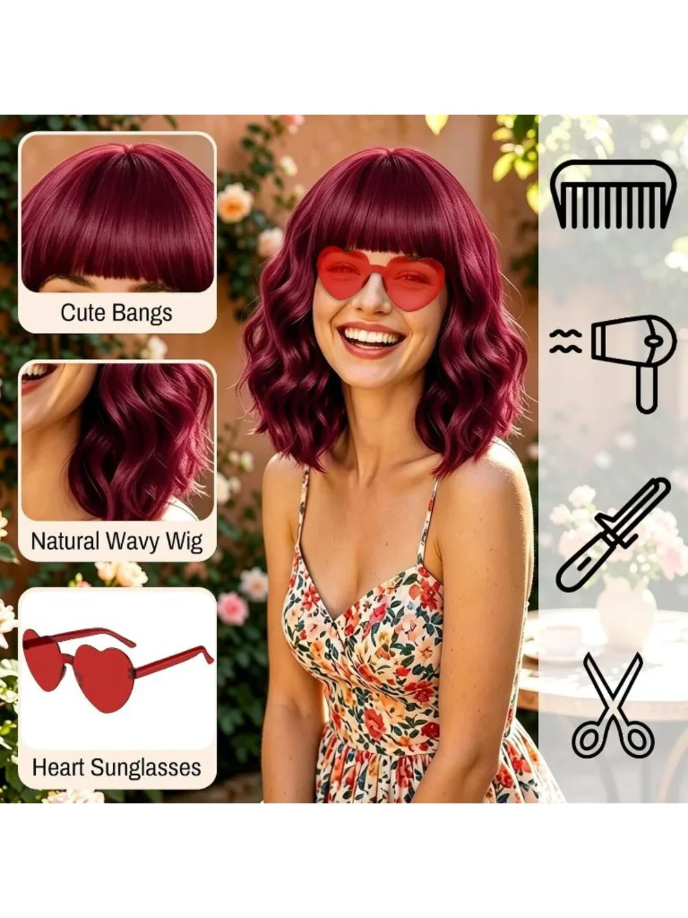 Women's Claret Curly Bob Synthetic Wigs Bangs With Neon Heart Sunglasses